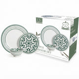 Shallow 12-Piece  Porcelain Dinner Set – Green & White