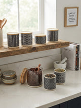 Danny Home 6-Piece Ceramic Storage Jar Set Black with Patterned Designs and Wooden Lids