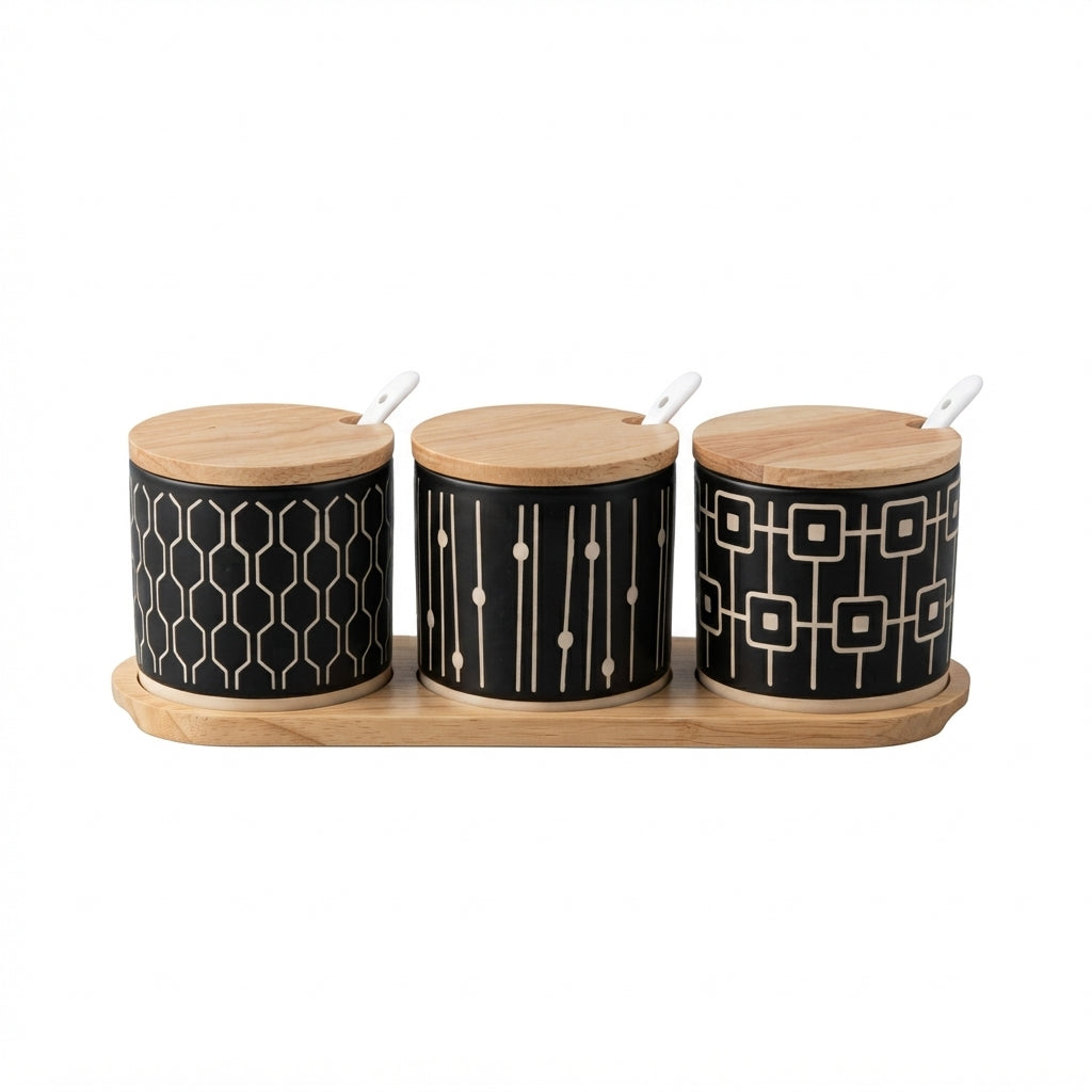Danny Home 10-Piece Ceramic Canister Set with Wooden Lids, Tray & Spoons, Black and White, 9 × 7 cm