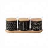 Danny Home 10-Piece Ceramic Canister Set with Wooden Lids, Tray & Spoons, Black and White, 9 × 7 cm