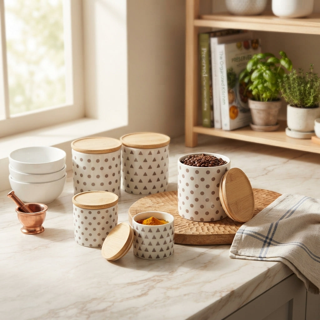 Danny Home 6-Piece Ceramic Storage Jar Set White with Patterned Designs and Wooden Lids