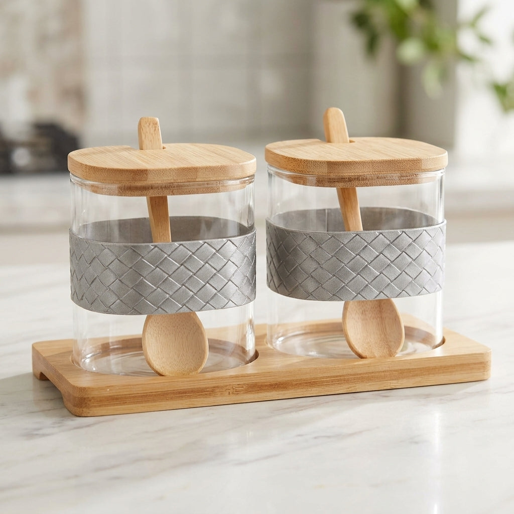 Hamid Glass Canister Jar Set with Wooden Lids, Spoons & Tray – 2 Pieces, 350 ml Each