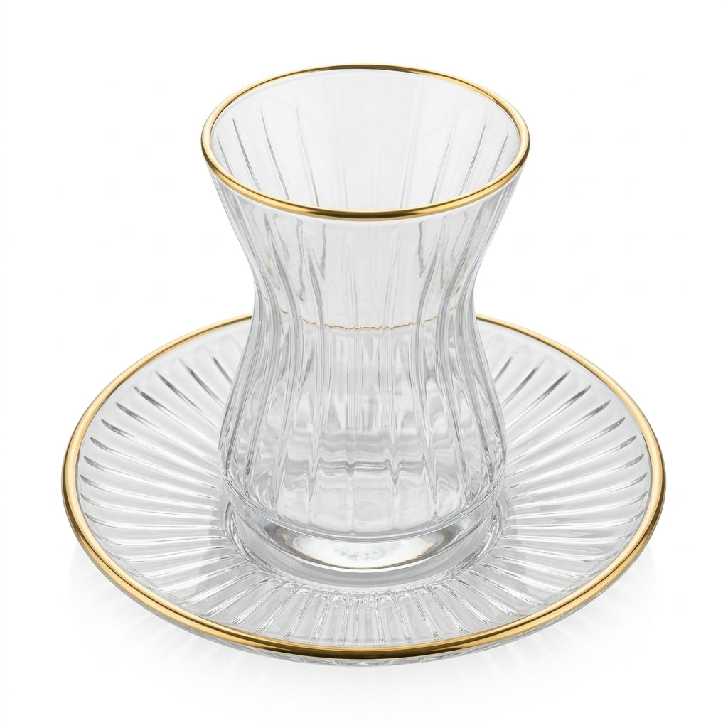 Casco 12-Piece Glass Tea Cup & Saucer Set with Gold Accent – 6 Glasses & 6 Saucers