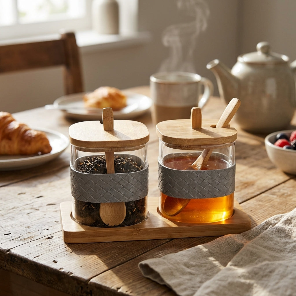 Hamid Glass Canister Jar Set with Wooden Lids, Spoons & Tray – 2 Pieces, 350 ml Each