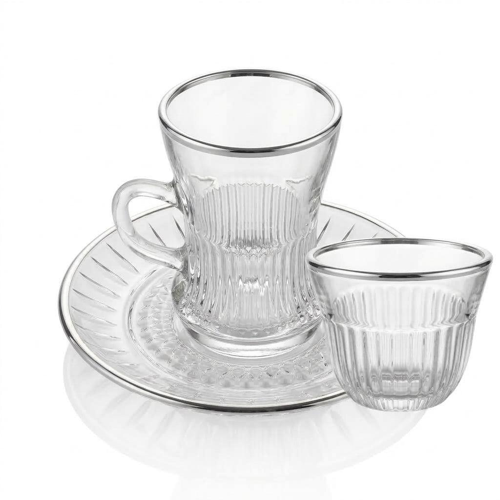 Casco 18-Piece Glass Tea & Cawa Cup Set with Silver Accent – 6 Tea Glasses, 6 Saucers & 6 Cawa Cups