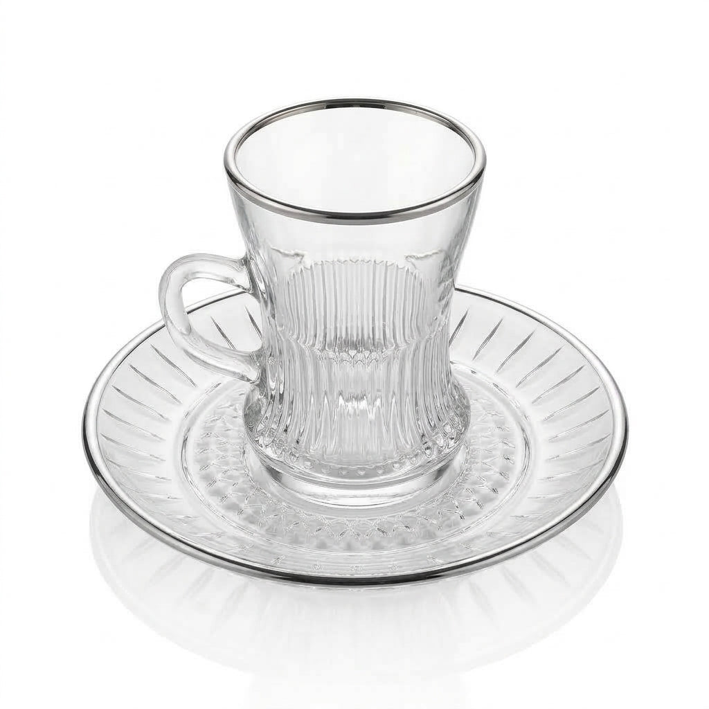 Casco 18-Piece Glass Tea & Cawa Cup Set with Silver Accent – 6 Tea Glasses, 6 Saucers & 6 Cawa Cups
