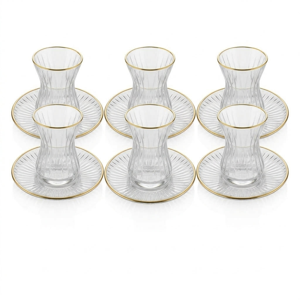 Casco 12-Piece Glass Tea Cup & Saucer Set with Gold Accent – 6 Glasses & 6 Saucers