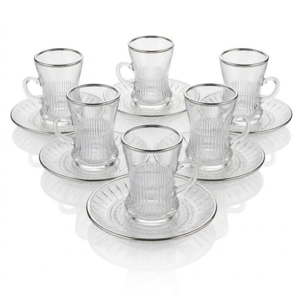 Casco 18-Piece Glass Tea & Cawa Cup Set with Silver Accent – 6 Tea Glasses, 6 Saucers & 6 Cawa Cups