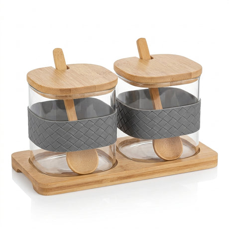 Hamid Glass Canister Jar Set with Wooden Lids, Spoons & Tray – 2 Pieces, 350 ml Each