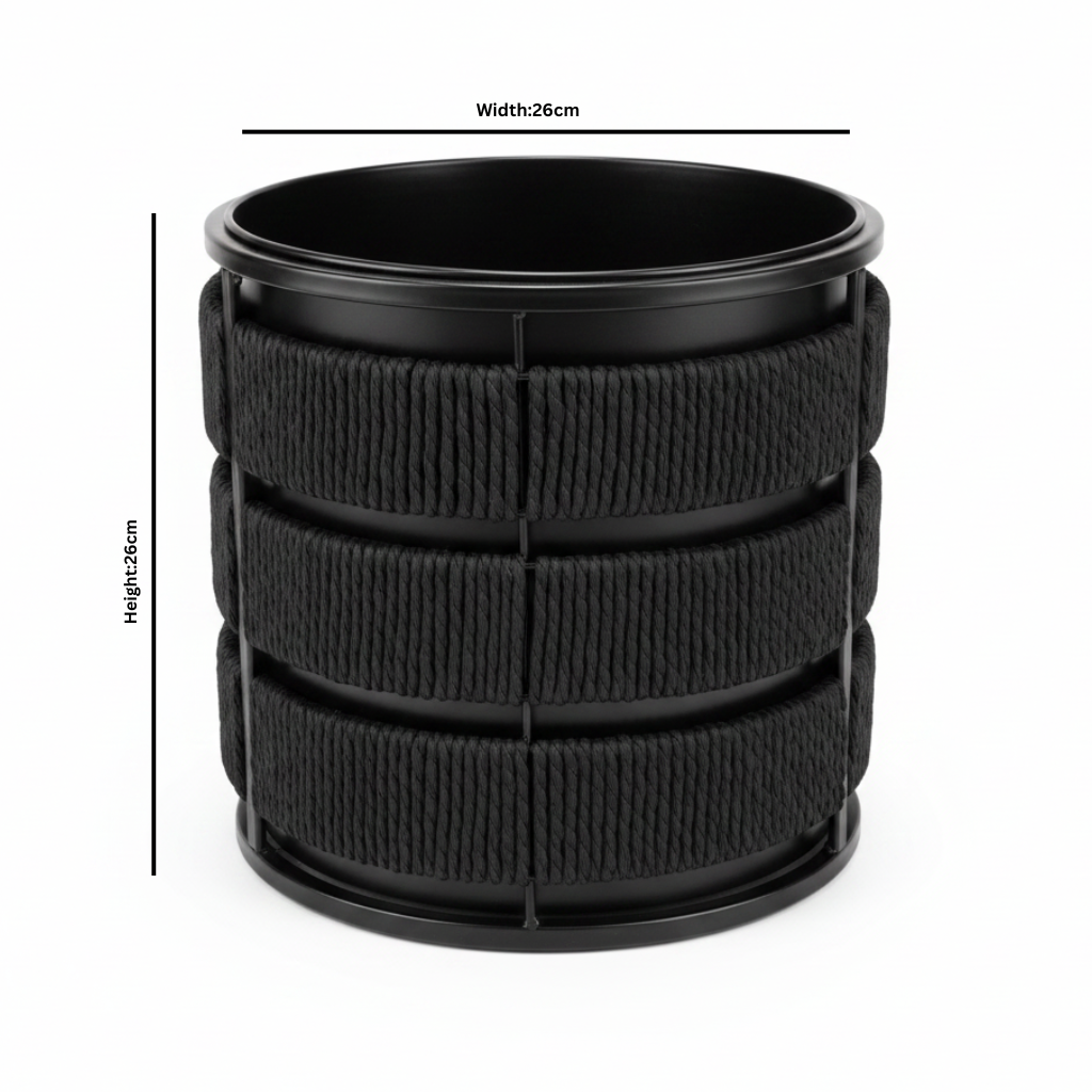 Amin Black Metal Planter Pot with Woven Rope Texture -  26×26cm / 24×24cm
