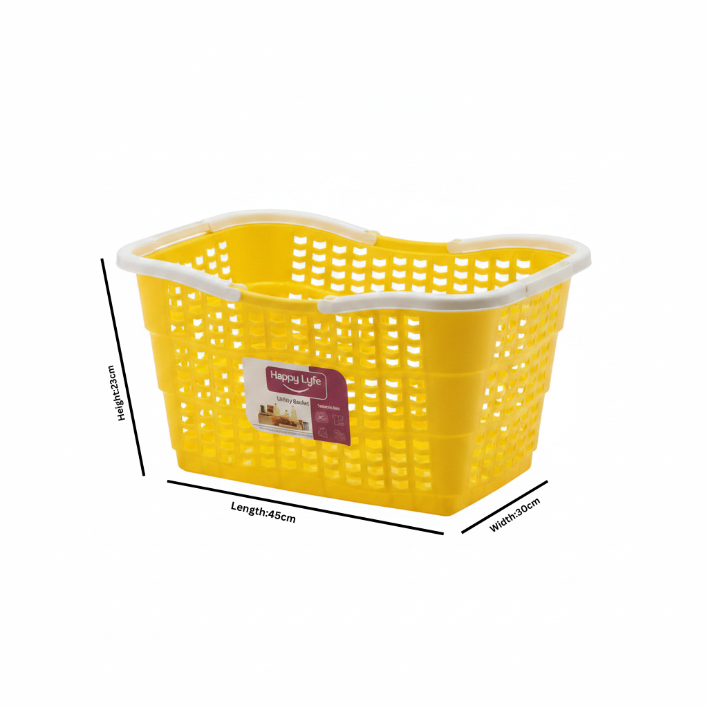 Happy Lyfe Plastic Utility Basket with Handle - 45×30×23cm - Yellow / Pink / Green / Light Blue