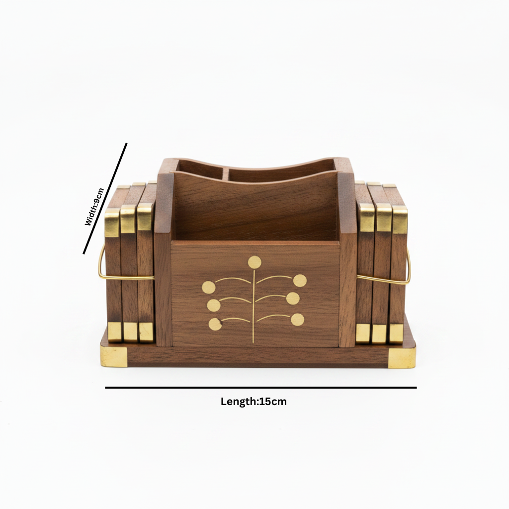 Wooden Pen Organizer with Brass Accents - 15×9 cm
