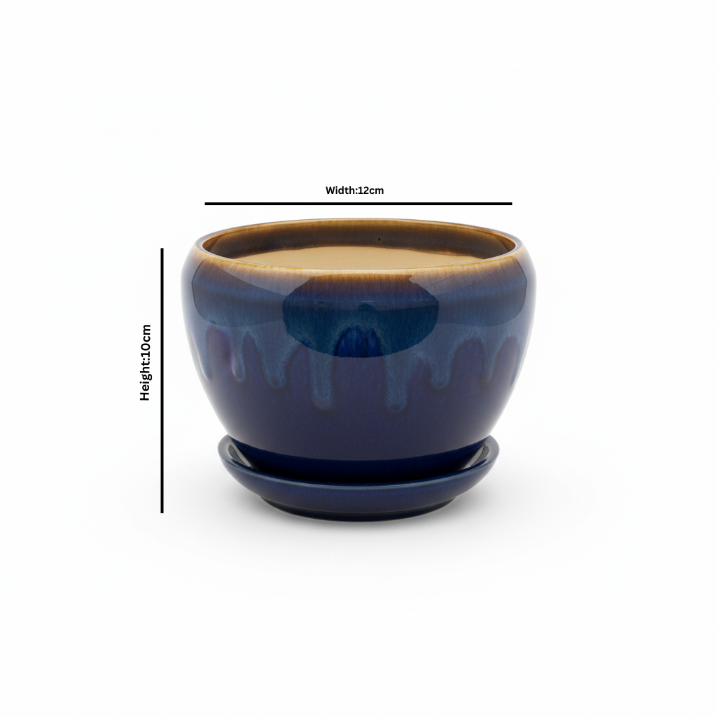 Ceramic Vase with Base Blue & Brown - 10x12cm