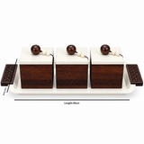 3-Piece Wooden Candy Bowl Set with Metal Tray Brown and Cream - 45×18cm