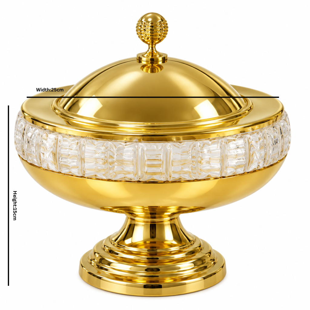 Metal and Glass Footed Candy Bowl with Lid Gold - 25×15cm