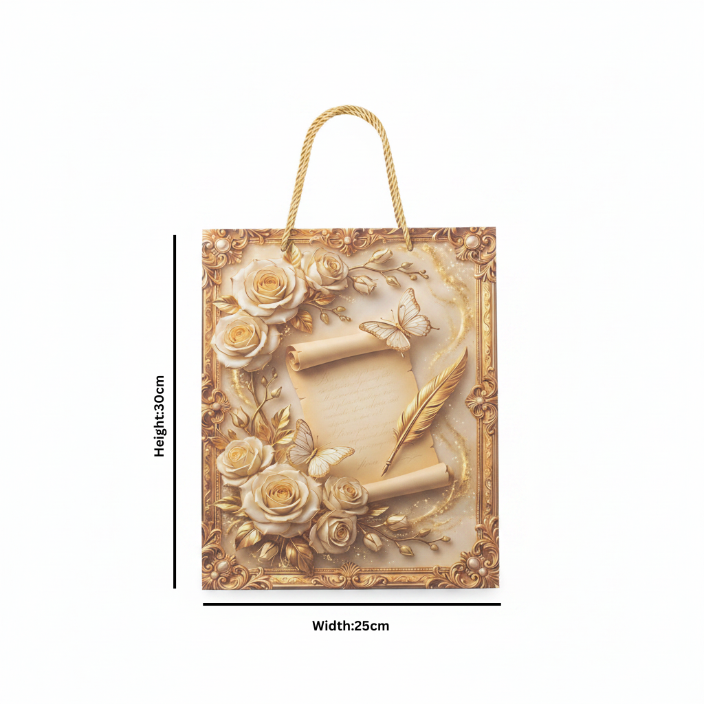 Rose & Butterfly Design Gold Baroque Paper Gift Bag - 30×25cm