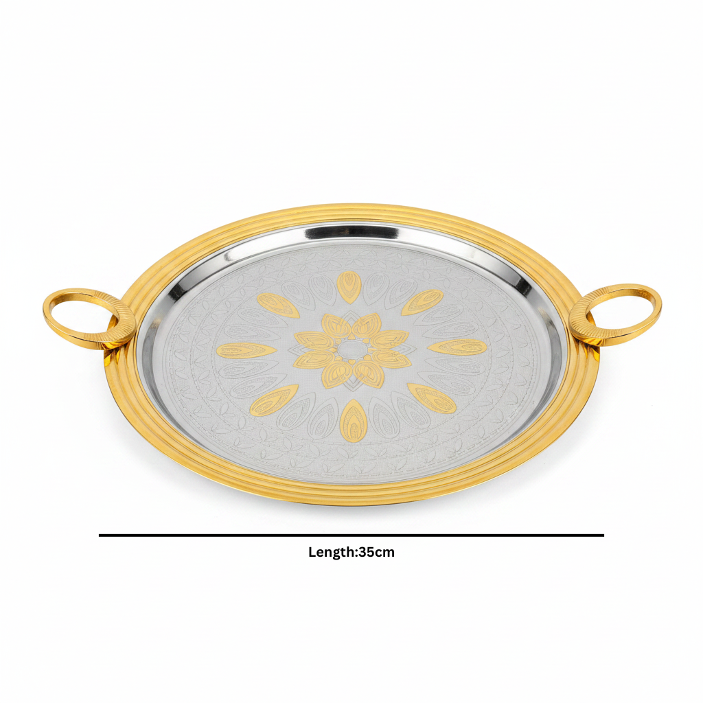 Windcera Round Gold & Silver Stainless Steel Serving Tray – 35cm