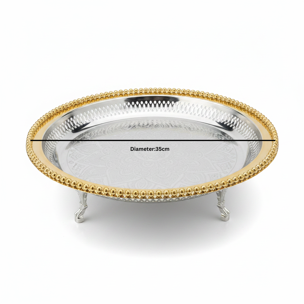 Zolten Gold & Silver Stainless Steel Round Footed Serving Tray - 35cm