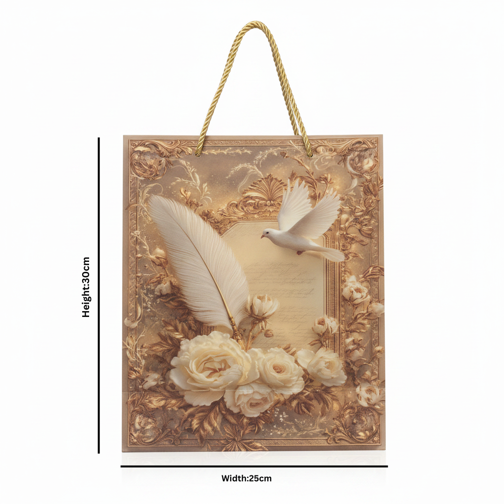 White Dove & Rose Design Baroque Paper Gift Bag - 30×25cm