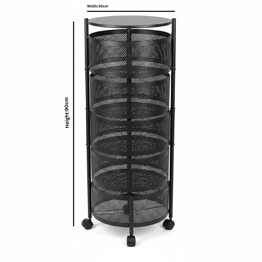 Black 5-Tier Rotating Round Storage Basket with Wheels - 90×30cm