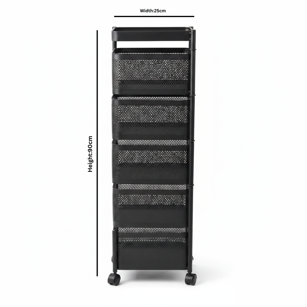 Black 5-Tier Square Metal Mesh Storage Basket Cart with Wheels - 90×25 cm