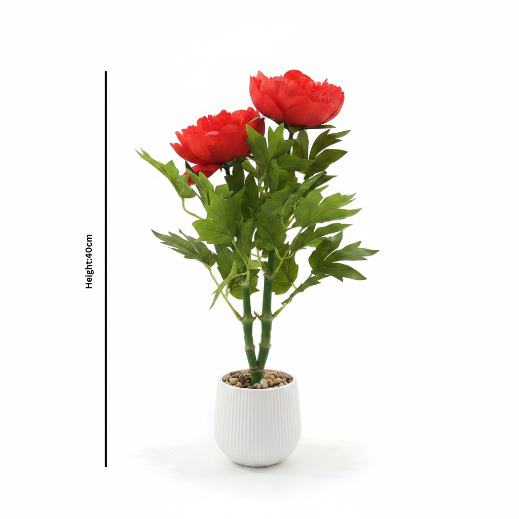 Artificial Flower Plant Red with White Plastic Pot - 40cm