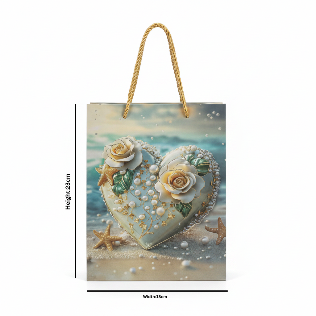 Teal & Ivory Pearl Heart Paper Gift Bag - 23×18cm
