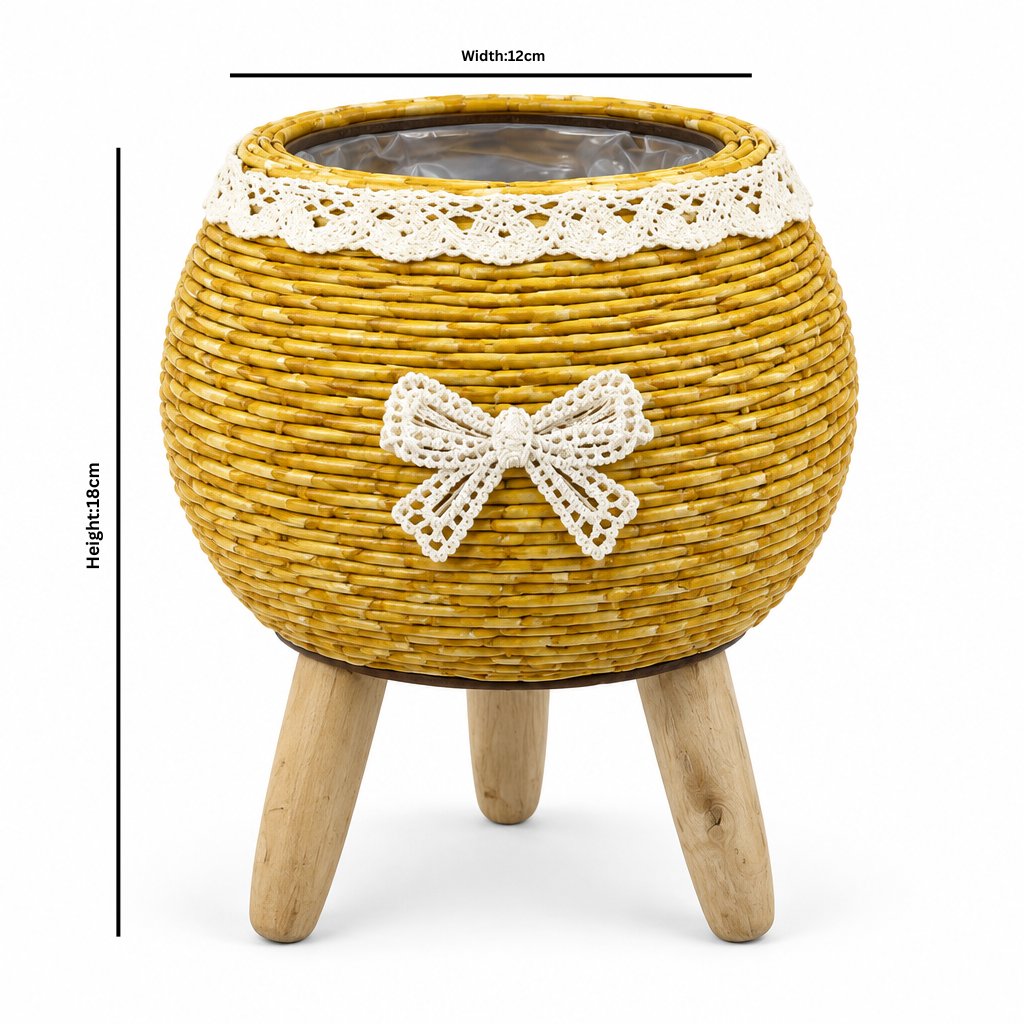 Zeem Rattan Planter Pot with Wooden Legs Yellow - 12×18cm