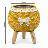 Zeem Rattan Planter Pot with Wooden Legs Yellow - 12×18cm