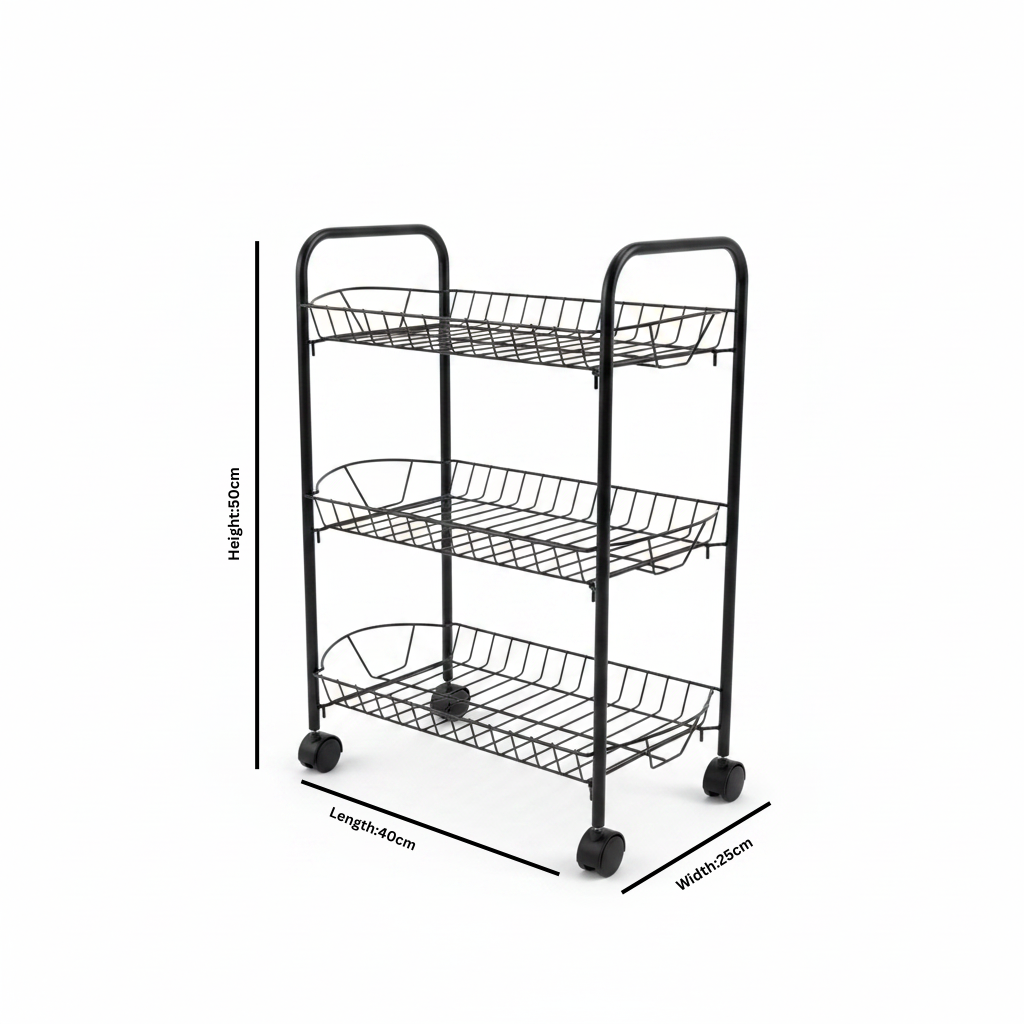 Metal 3-Tier Rack with Wheels Black - 50×40×25cm