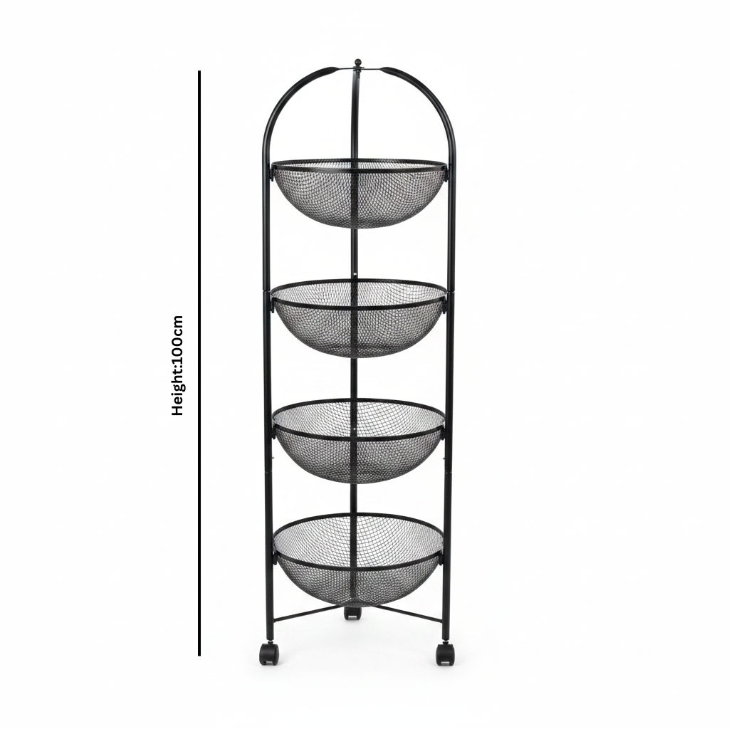 Black Metal 4-Tier Mesh Basket Stand with Wheels – 100cm
