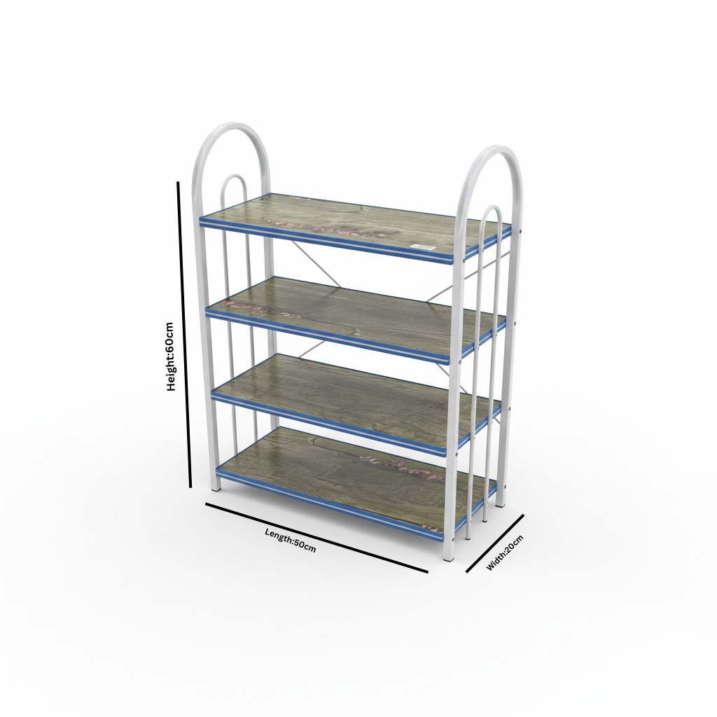 4-Tier Wooden & Metal Shoe Rack - 60×50×20cm