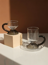 RAZ Levita 18-Piece Tea & Coffee Glass Set | Floating Handle | 6 Large Cups, 6 Small Cups & 6 Saucers | Gray