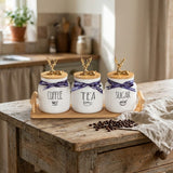 Ceramic Tea, Coffee & Sugar Jar Set with Tray and Gold-Tone Deer Lid Handles – 3 Jars, 500 ml Each