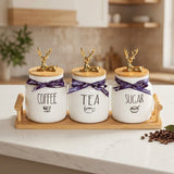Ceramic Tea, Coffee & Sugar Jar Set with Tray and Gold-Tone Deer Lid Handles – 3 Jars, 500 ml Each