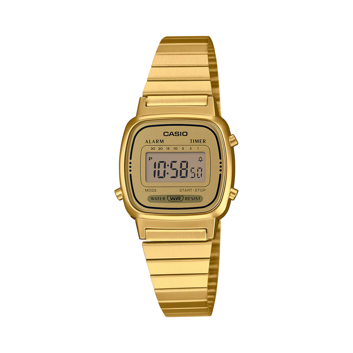 Casio LA670WGA-9DF women's digital watch with a gold-tone case and stainless steel band