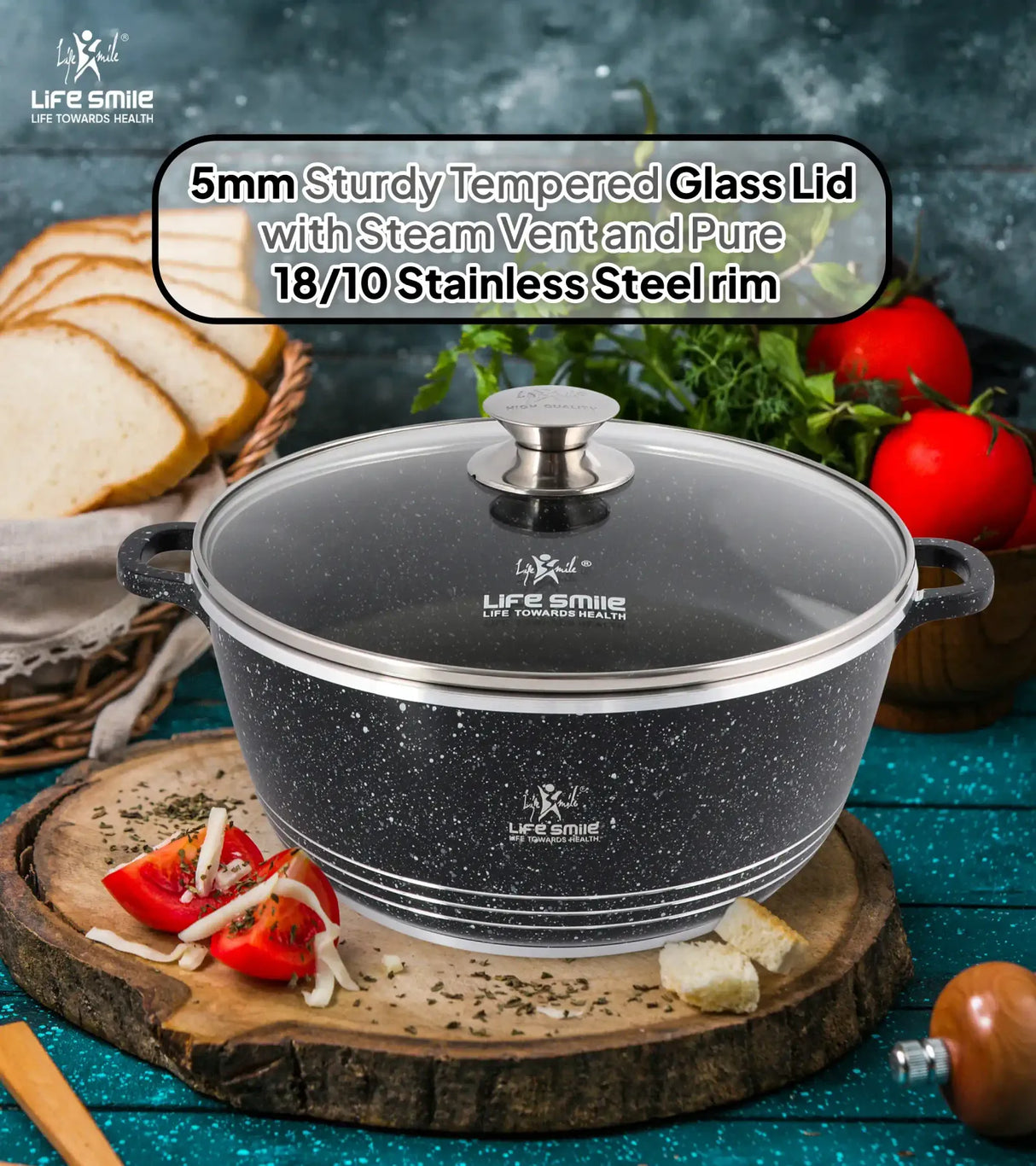 Life Smile 32cm Oven-Safe Granite Coating Cooking Pot with Glass Lid Beige/Black