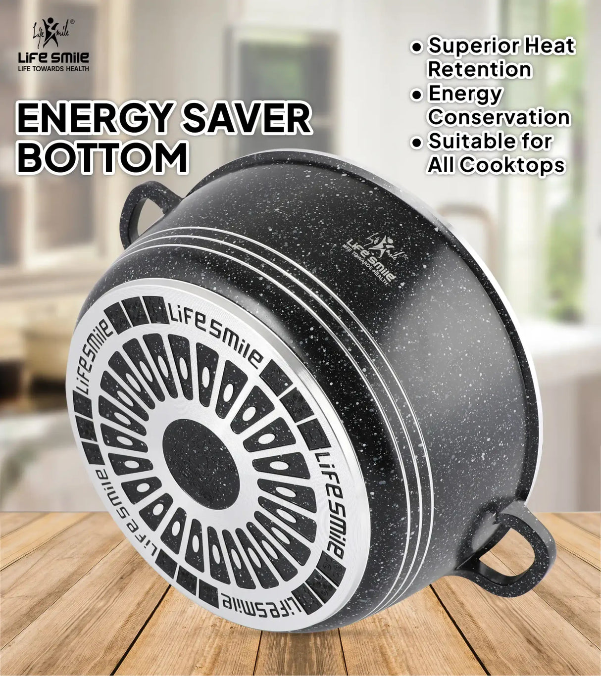 Life Smile 40cm Oven-Safe Granite Coating Cooking Pot with Glass Lid Beige/Black