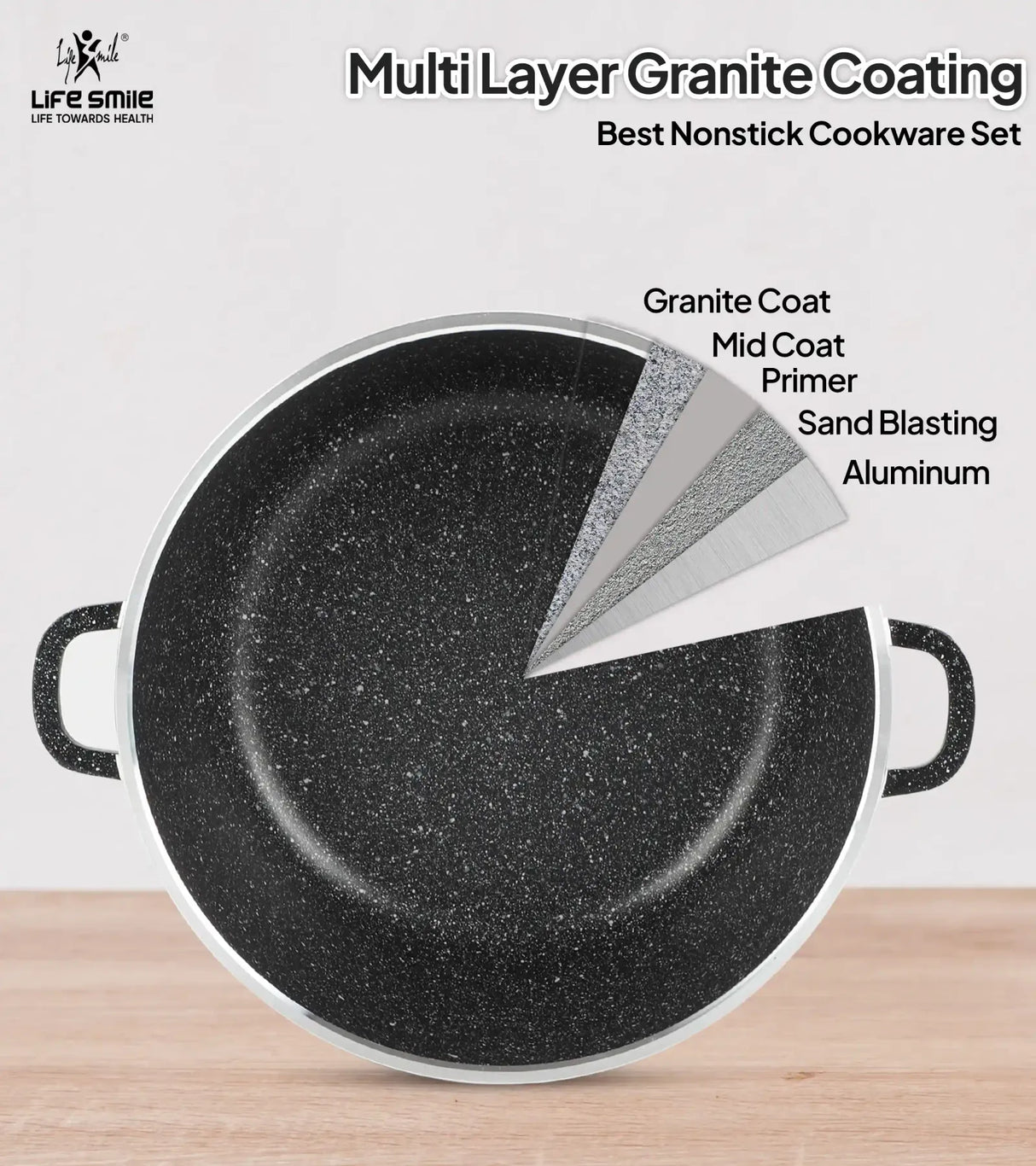 Life Smile 40cm Oven-Safe Granite Coating Cooking Pot with Glass Lid Beige/Black