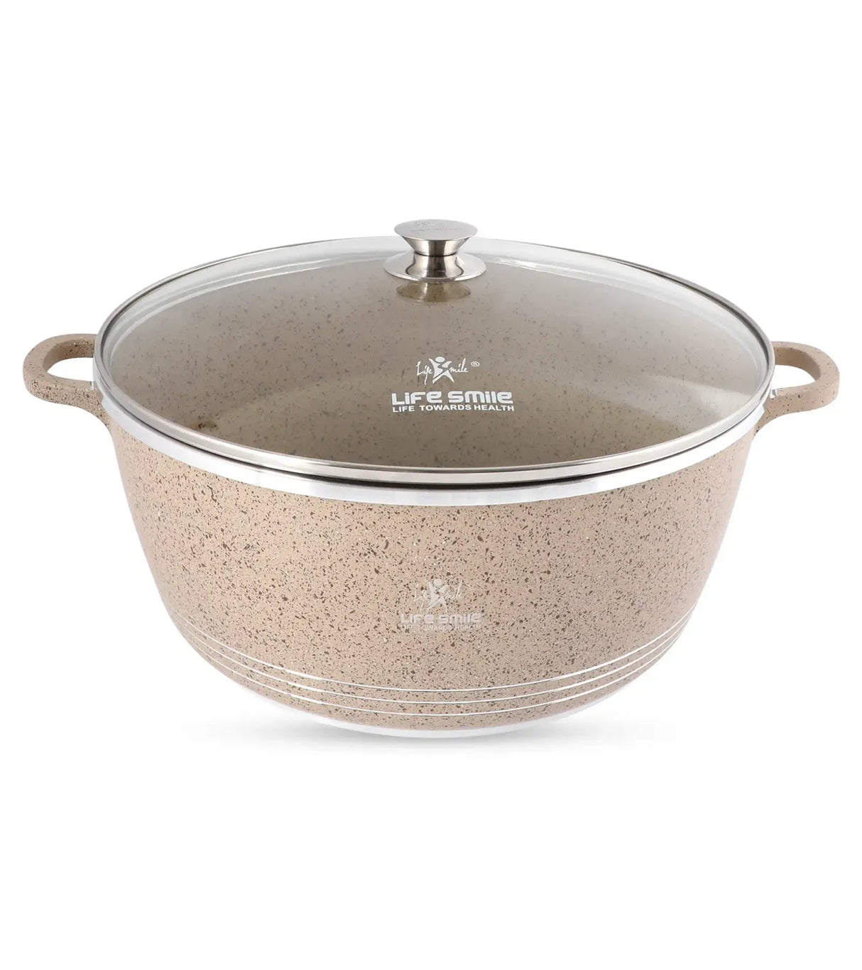 Life Smile 44cm Oven-Safe Granite Coating Cooking Pot with Glass Lid Beige/Black/Gray