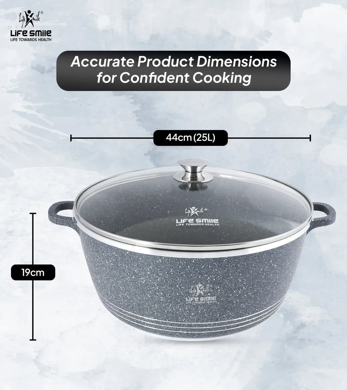 Life Smile 44cm Oven-Safe Granite Coating Cooking Pot with Glass Lid Beige/Black/Gray