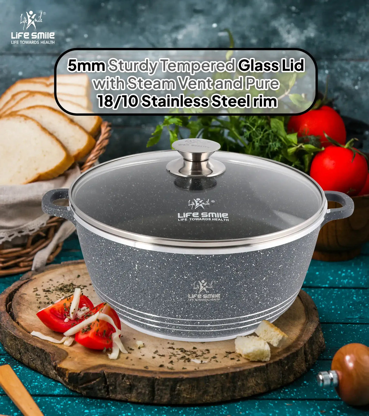 Life Smile 44cm Oven-Safe Granite Coating Cooking Pot with Glass Lid Beige/Black/Gray