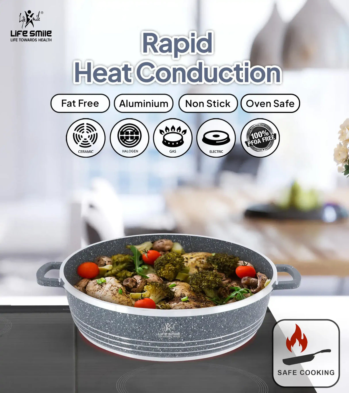 Life Smile 32cm Oven-Safe Granite Coating Cooking Pot with Glass Lid Beige/Black/Gray