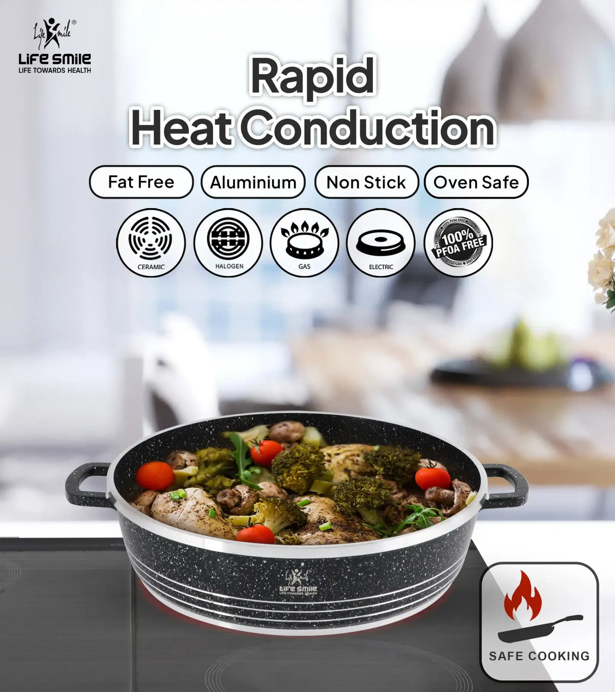 Life Smile 36cm Oven-Safe Granite Coating Cooking Pot with Glass Lid Beige/Black