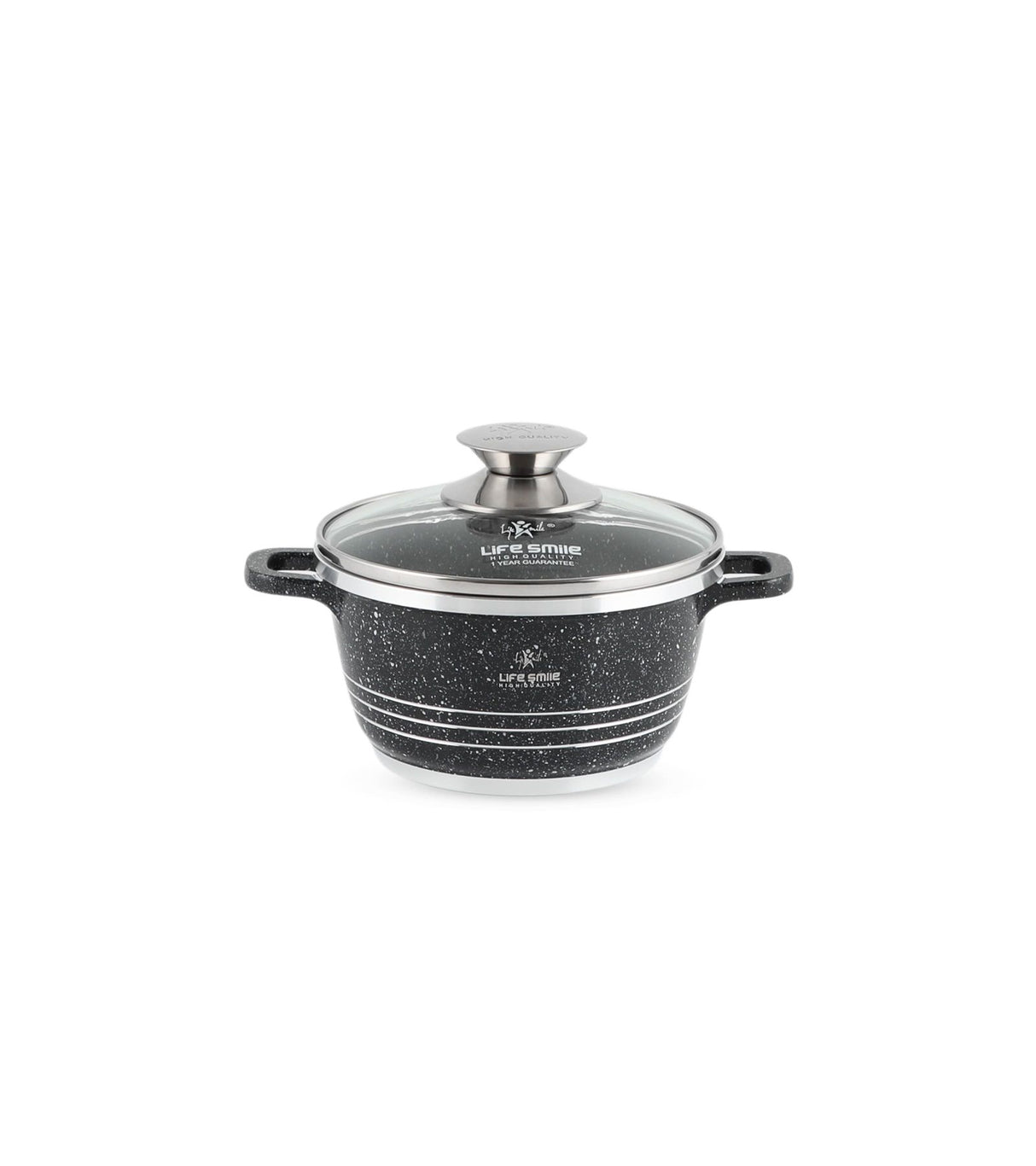 Life Smile 16cm Oven-Safe Granite Coating Cooking Pot with Glass Lid Beige/Black/Gray