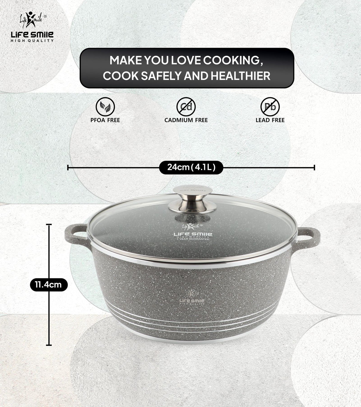 Life Smile 24cm Oven-Safe Granite Coating Cooking Pot with Glass Lid Beige/Black/Gray