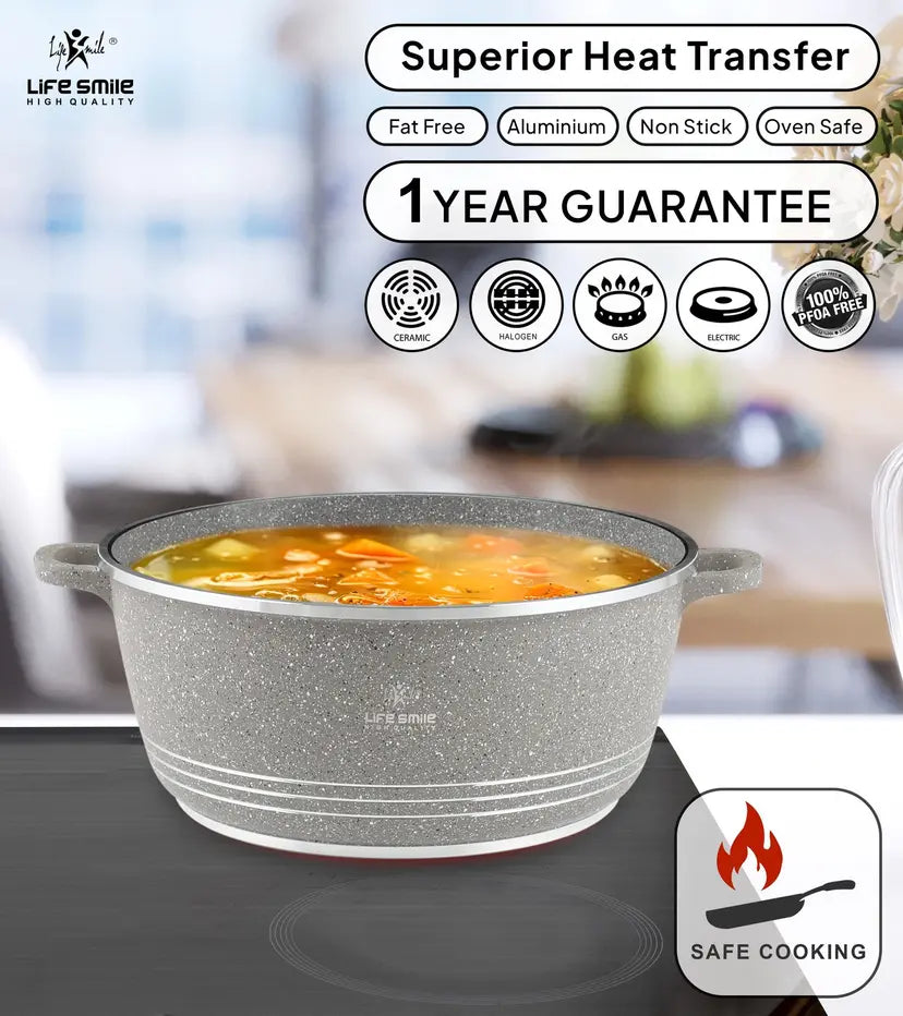 Life Smile 36cm Oven-Safe Granite Coating Cooking Pot with Glass Lid Beige/Black/Gray