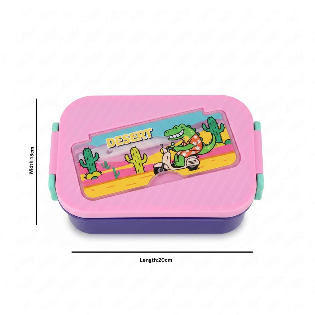 Purple & Pink Desert Adventure Kids Plastic Lunch Box with Spoon & Fork – 20×13 cm