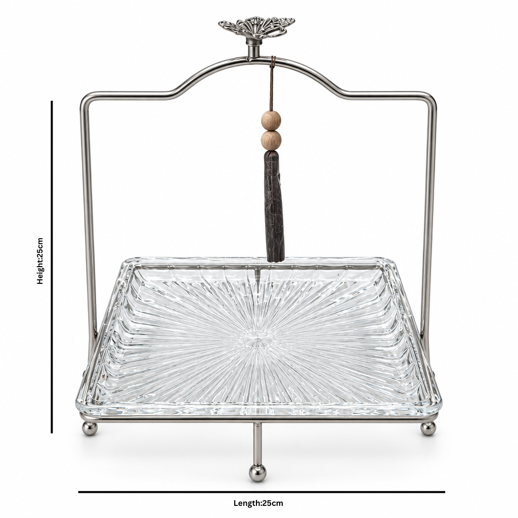 Glass Tray with Silver-Tone Metal Stand - 25×25cm