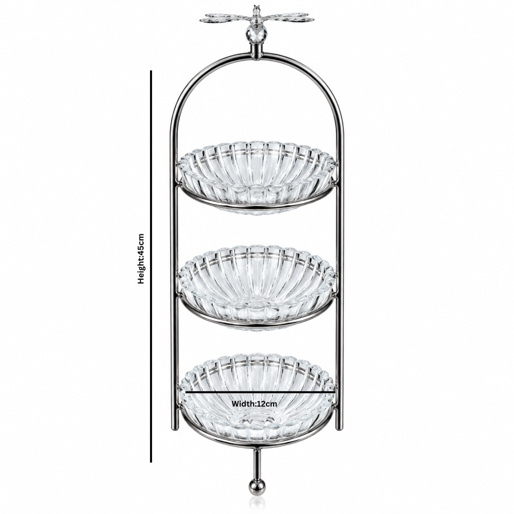 3-Tier Glass Candy Bowl with Silver Metal Stand - 12×45cm